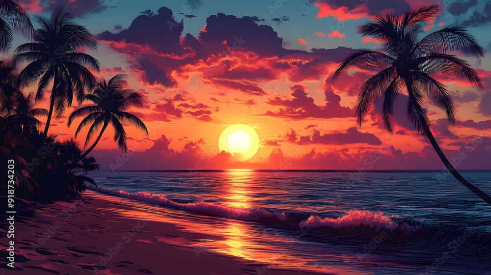 The sun rises over a secluded tropical beach, with palm trees silhouetted against the vibrant colors of the sky The sun rises over a secluded tropical beach, with palm trees silhouetted against the vibrant colors of the sky