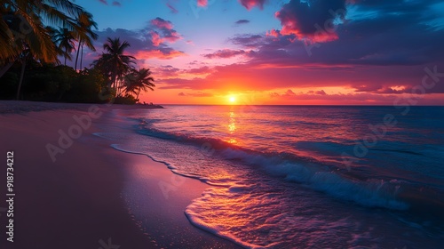 The sun rises over a secluded tropical beach, with palm trees silhouetted against the vibrant colors of the sky photo