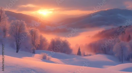 A winter landscape at dawn, with the sun rising over snow-covered hills and casting a warm glow on the icy terrain