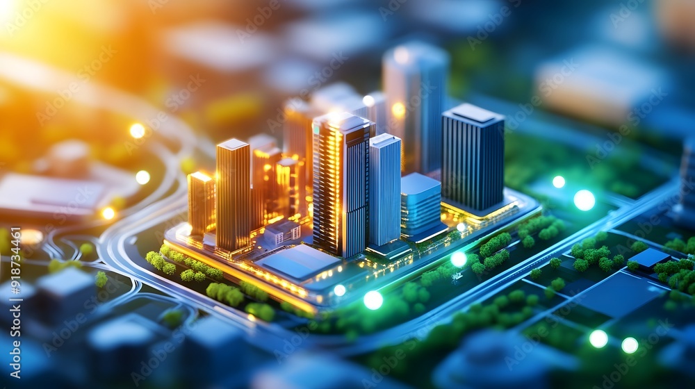 Obraz premium Futuristic Cityscape with Innovative Real Estate Projects Integrated into Urban Plan, Civil Planning and Development Concept with Copy Space