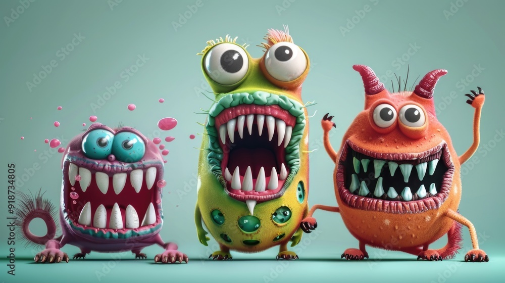 Group of colorful cartoon monsters posing together in a row, suitable for kids' illustrations and designs Group of colorful cartoon monsters posing together in a row, suitable for kids' illustrations and designs