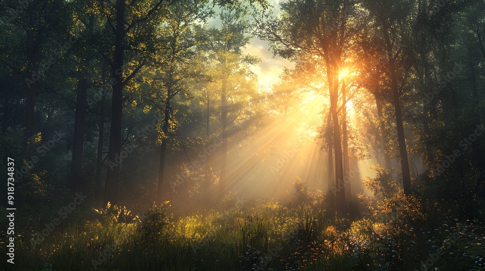 The sun rises over a dense forest, with beams of light filtering through the trees The sun rises over a dense forest, with beams of light filtering through the trees