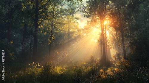 The sun rises over a dense forest, with beams of light filtering through the trees 