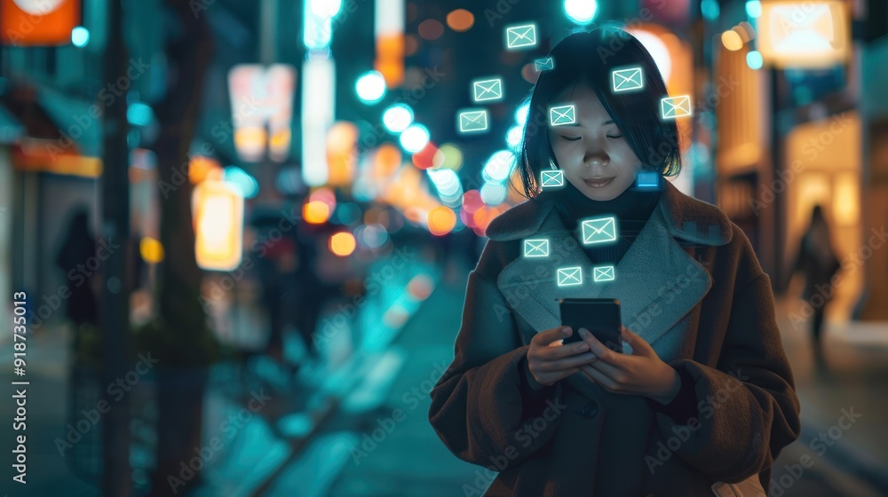 Woman Checking Email Notifications on Phone in City at Night Woman Checking Email Notifications on Phone in City at Night