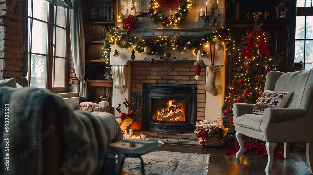 Cozy Christmas Living Room with Fireplace and Decorated Tree Cozy Christmas Living Room with Fireplace and Decorated Tree