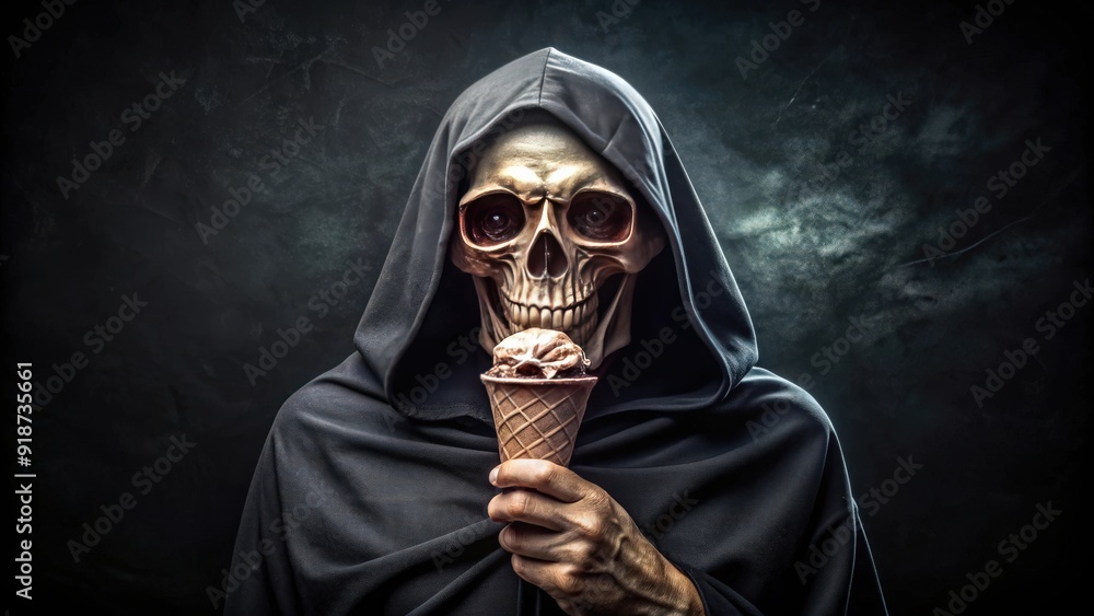 Surreal image of grim reaper holding ice cream cone contrast of darkness and sweetness, grim reaper, ice cream cone Surreal image of grim reaper holding ice cream cone contrast of darkness and sweetness, grim reaper, ice cream cone