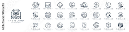 set of island logo vector minimalist design, ocean landscape, sea wave outline icon symbol vector illustration.