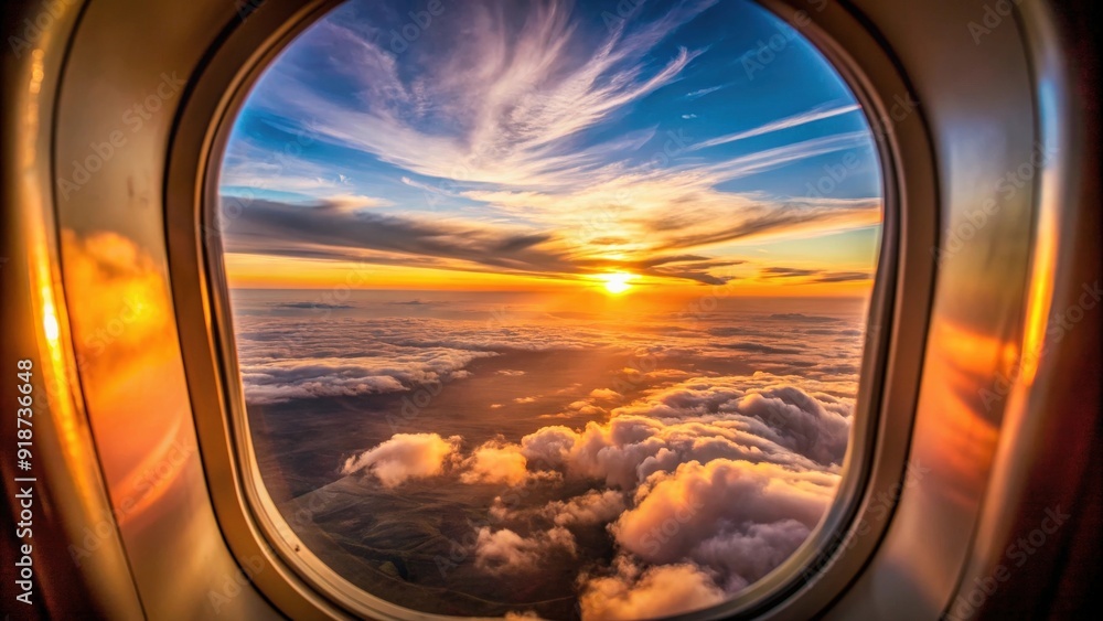 Naklejka premium Sunset sky viewed from airplane window , airplane, travel, twilight, clouds, horizon, vibrant, colors, orange, pink, peaceful