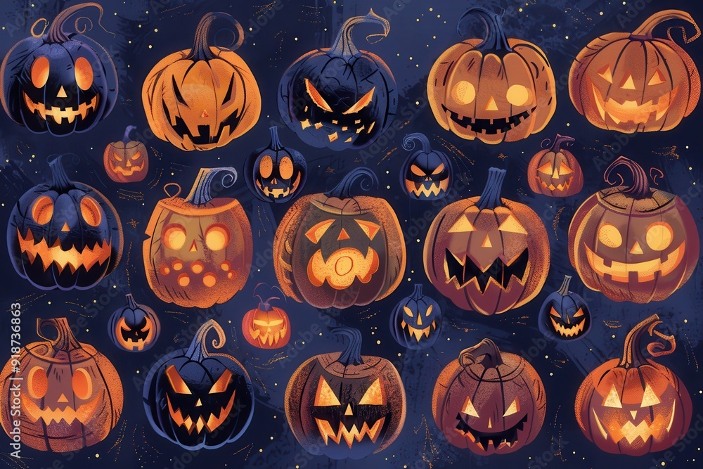 Halloween pumpkins with various scary expressions Halloween pumpkins with various scary expressions