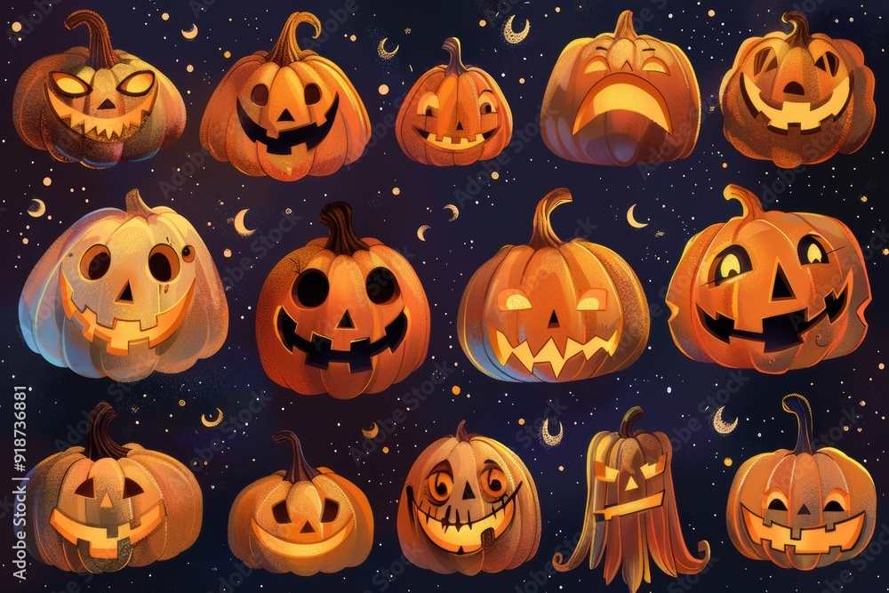 Halloween pumpkins with various scary expressions Halloween pumpkins with various scary expressions