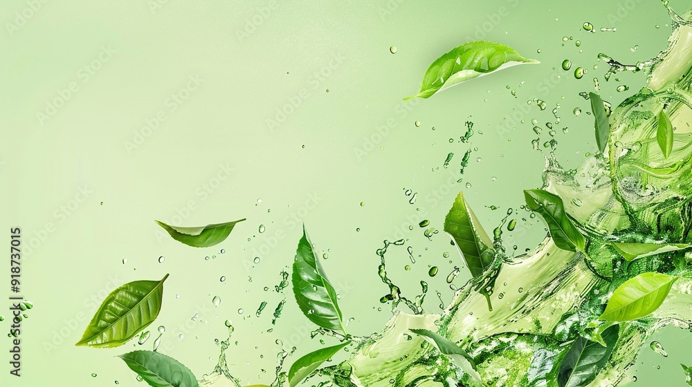 Green Tea Leaves Splashing in Water on a Green Background Green Tea Leaves Splashing in Water on a Green Background