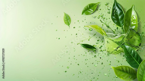 Green Tea Leaves Splashing in Water with Droplets