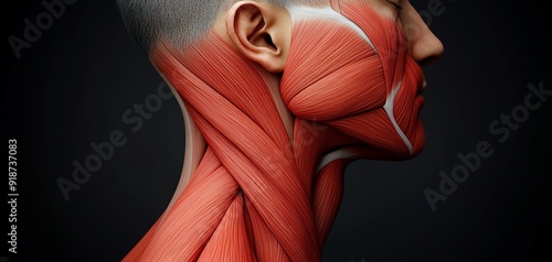 Closeup of the scalene muscles in the neck, focusing on their involvement in elevating the first and second ribs during deep inhalation, anatomy, respiratory accessory muscles photo