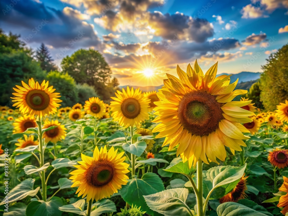 Vibrant sunflowers, surrounded by lush green foliage and colorful blooms, bask in warm sunlight on a serene summer afternoon landscape, exuding joy and tranquility. Vibrant sunflowers, surrounded by lush green foliage and colorful blooms, bask in warm sunlight on a serene summer afternoon landscape, exuding joy and tranquility.