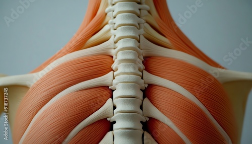 Detailed view of the intercostal muscles between the ribs, showing their function in expanding and contracting the ribcage during respiration, anatomy, respiratory system muscles photo