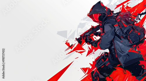 Hooded Figure Holding a Rifle with Red and White Abstract Background photo