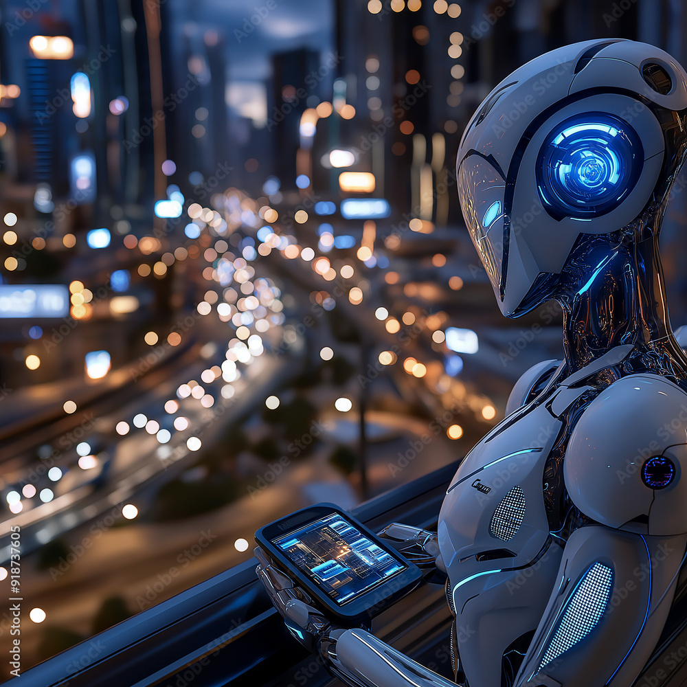 A sci-fi inspired metropolis with intelligent robots managing public services and security A sci-fi inspired metropolis with intelligent robots managing public services and security