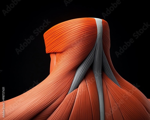 Detailed view of the trapezius muscle in the upper back, emphasizing its role in stabilizing the shoulders during heavy breathing, anatomy, respiratory accessory muscle