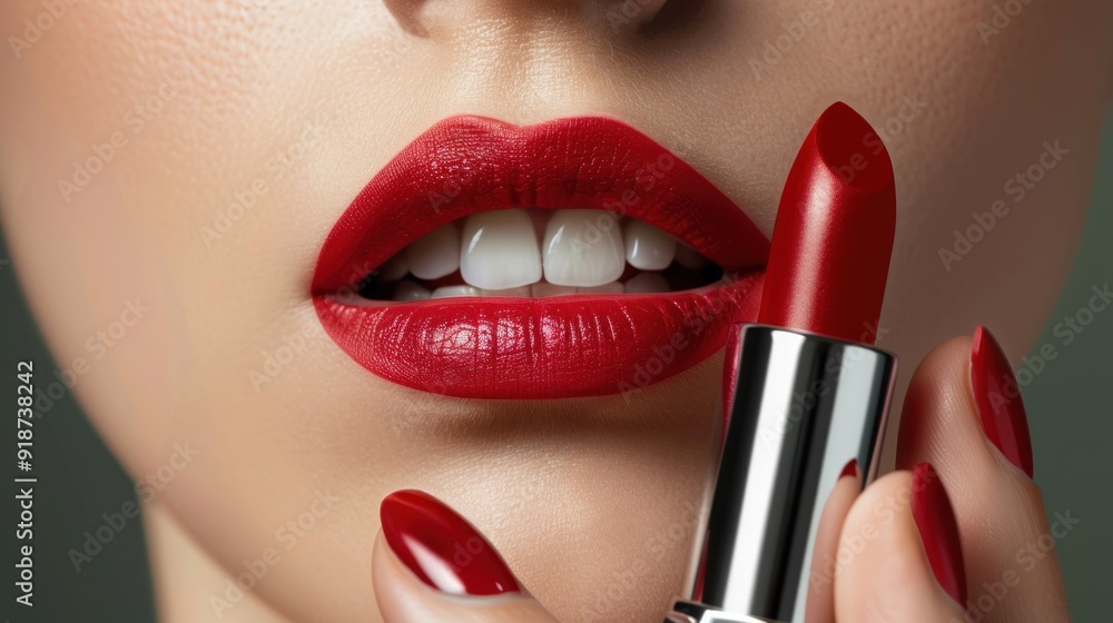 Obraz premium Close-up of Red Lipstick Applied on Woman's Lips