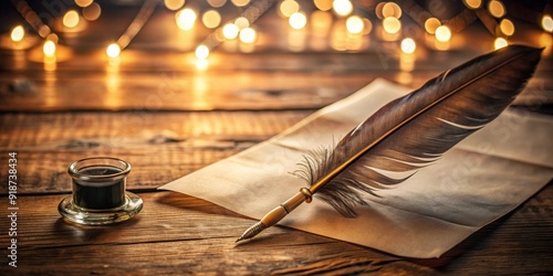 A close-up photo of a vintage quill pen on a blank sheet of paper with rustic lighting, poet photo