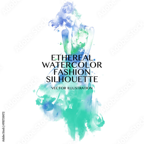 green and blue watercolor fashion silhouette.