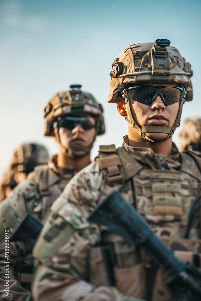 Fototapeta premium A group of soldiers stand in formation, all wearing the same uniform