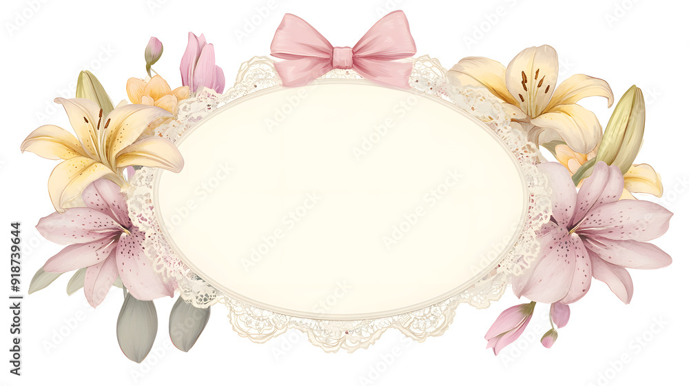 Oval blank lace doily with lily, spring flowers and pink ribbon in watercolor style, isolated on a white background, material for card, logo or banner. Oval blank lace doily with lily, spring flowers and pink ribbon in watercolor style, isolated on a white background, material for card, logo or banner.