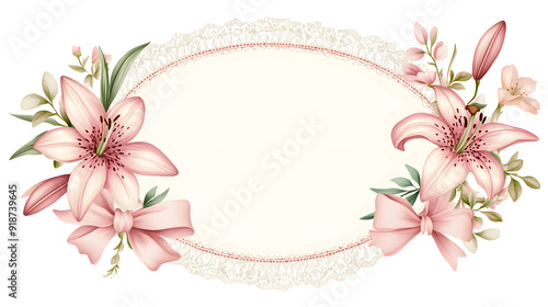 Oval blank lace doily with lily, spring flowers and pink ribbon in watercolor style, isolated on a white background, material for card, logo or banner.