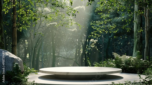 Enchanting 3D Render of a White Circular Podium in a Serene Forest with Surrounding Trees, Illuminated by Dramatic Volumetric Lighting for a Cinematic Effect.