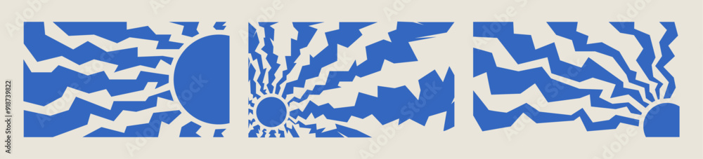 Set of blue groovy retro abstract sun backgrounds. Zig zag sunburst shapes in trendy 90s style with background. Set of blue groovy retro abstract sun backgrounds. Zig zag sunburst shapes in trendy 90s style with background.