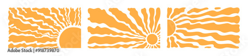 Groovy retro abstract sun and mountain backgrounds. doodle shapes in trendy naive hippie 60s 70s style. Square wavy vector illustration in yellow colors