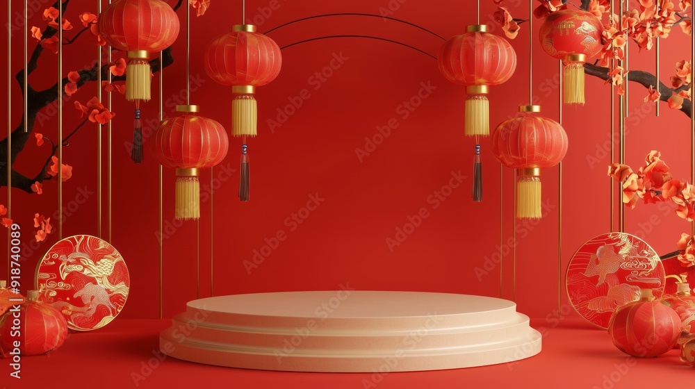 A 3D render of an elegant empty podium with Chinese New Year lanterns, surrounded by vibrant festival decorations, isolated on a red background A 3D render of an elegant empty podium with Chinese New Year lanterns, surrounded by vibrant festival decorations, isolated on a red background
