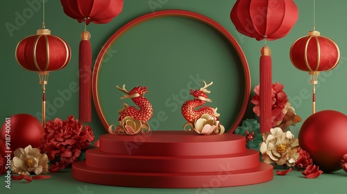 Fototapeta A festive 3D podium design with traditional Chinese New Year symbols, surrounded by rich decorations, isolated on a green background