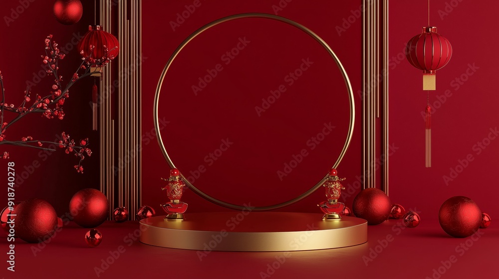 A polished 3D podium with subtle Chinese New Year symbols, surrounded by elegant festival decor, isolated on a deep red background A polished 3D podium with subtle Chinese New Year symbols, surrounded by elegant festival decor, isolated on a deep red background
