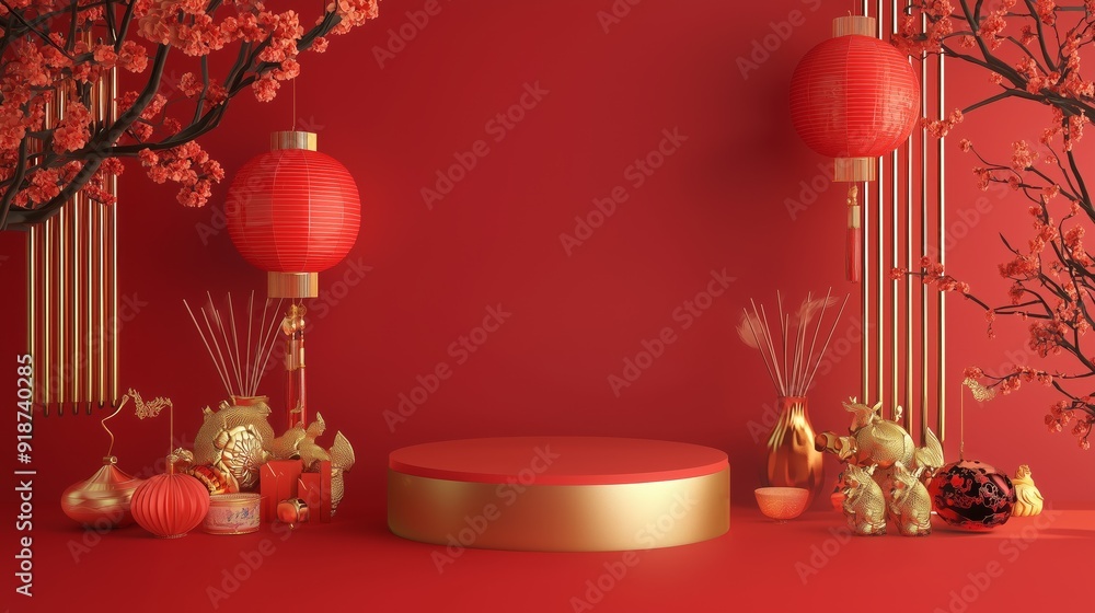 A polished 3D podium with modern Chinese New Year details, surrounded by rich festival decor, isolated on a red background A polished 3D podium with modern Chinese New Year details, surrounded by rich festival decor, isolated on a red background