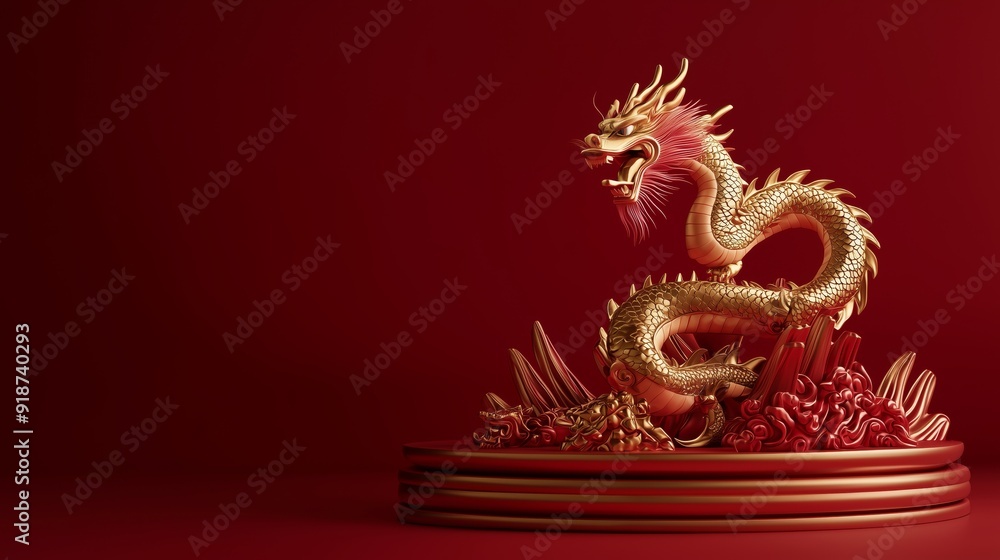 A photo of a sleek 3D podium with a dragon motif for Chinese New Year, isolated on a dark red background A photo of a sleek 3D podium with a dragon motif for Chinese New Year, isolated on a dark red background