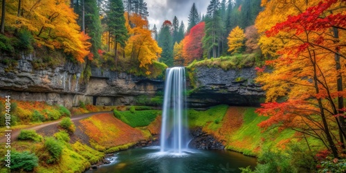 Vibrant fall foliage in scenic Silver Falls State Park, Oregon, autumn, colors, trees, foliage, leaves, nature, scenic photo