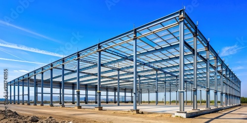 Steel structure workshop with clear blue sky in the background, steel, structure, workshop, industry, industrial