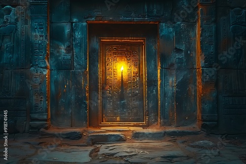 Hidden chamber illuminated by a single flickering candle A scholar deciphers cryptic symbols from the Book of Thoth uncovering secrets of the occult world