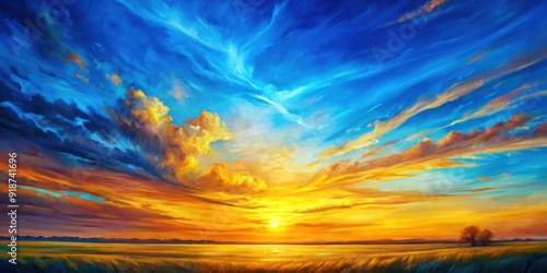 Vibrant painting of a sunset over a blue and yellow landscape, sunset, painting, art, landscape, blue, sky, yellow, sun