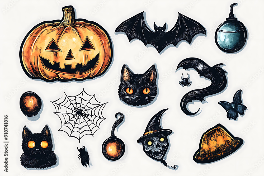 A humorous set of pencil-drawn Halloween stickers featuring a pumpkin, bat, witch, vampire, zombie, eye, spider web, and black cat. A humorous set of pencil-drawn Halloween stickers featuring a pumpkin, bat, witch, vampire, zombie, eye, spider web, and black cat.