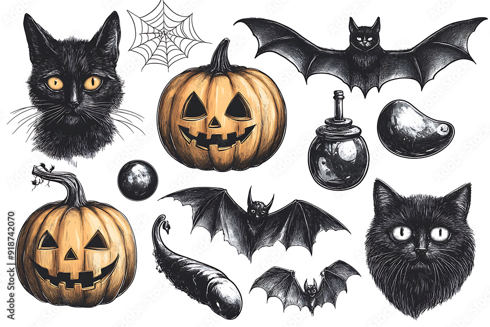 A humorous set of pencil-drawn Halloween stickers featuring .The playful and quirky designs are perfect for Halloween-themed projects A humorous set of pencil-drawn Halloween stickers featuring .The playful and quirky designs are perfect for Halloween-themed projects