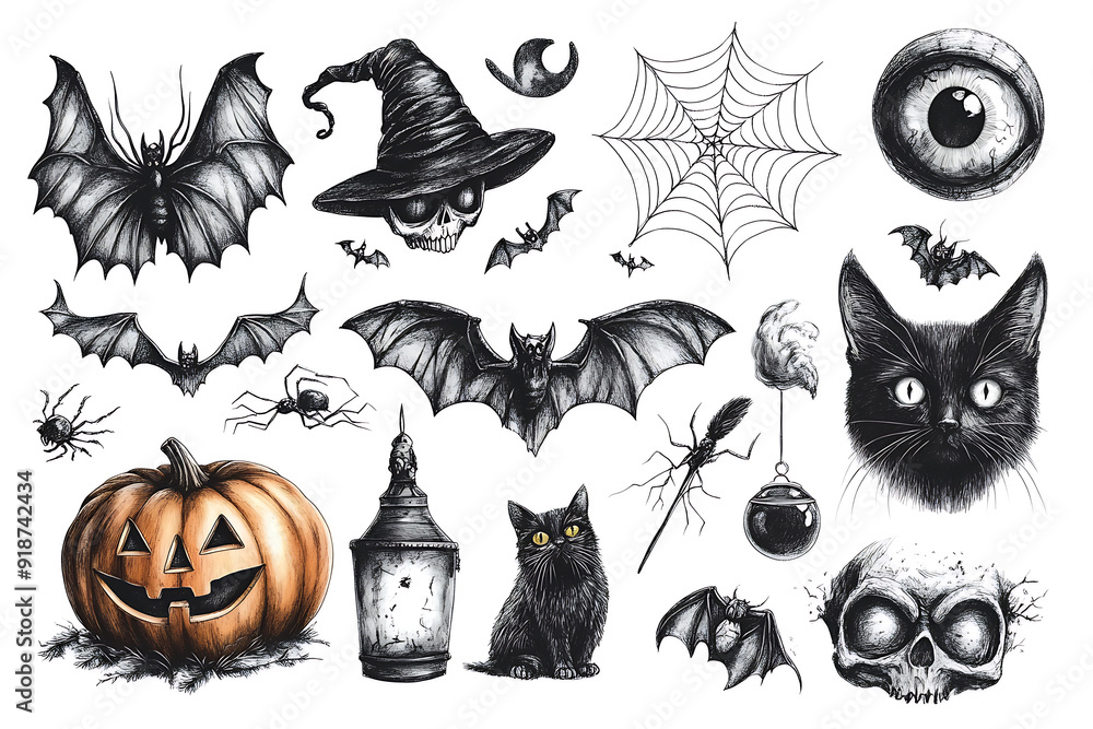 A humorous set of pencil-drawn Halloween stickers featuring a pumpkin, bat, witch, vampire, zombie, eye, spider web, and black cat A humorous set of pencil-drawn Halloween stickers featuring a pumpkin, bat, witch, vampire, zombie, eye, spider web, and black cat