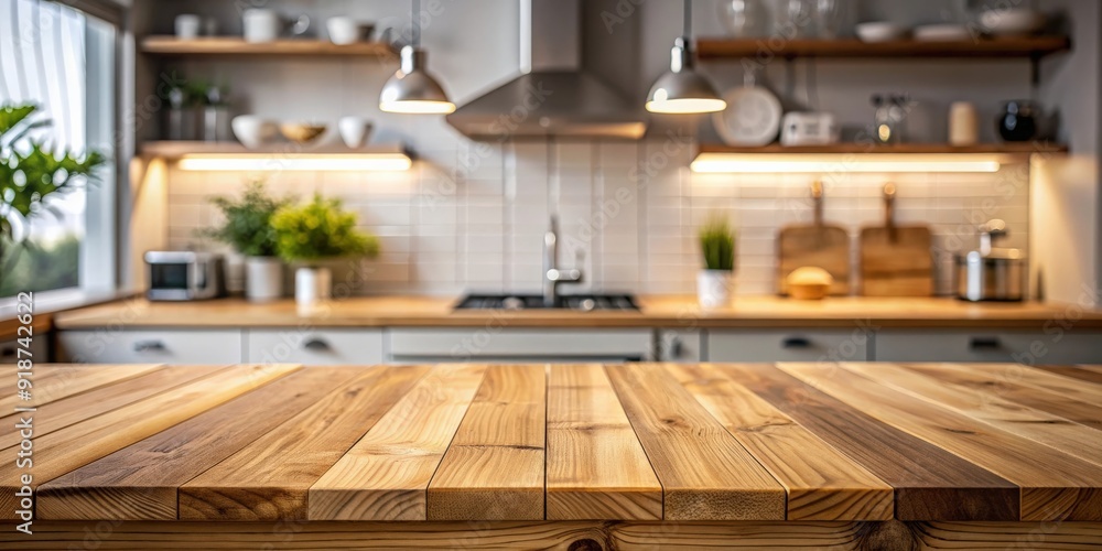 Wood table top on blur kitchen counter background, wood, table, kitchen, counter, room, furniture, design, mockup, interior, home Wood table top on blur kitchen counter background, wood, table, kitchen, counter, room, furniture, design, mockup, interior, home