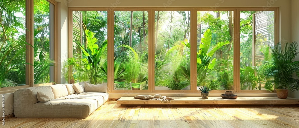 A lightfilled living room with a neutral color palette, featuring a beige sectional sofa, wooden coffee table, and green plants A lightfilled living room with a neutral color palette, featuring a beige sectional sofa, wooden coffee table, and green plants