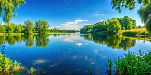 Tranquil summer lake surrounded by lush greenery and clear blue skies, Summer, Lake, Water, Nature, Reflection, Trees
