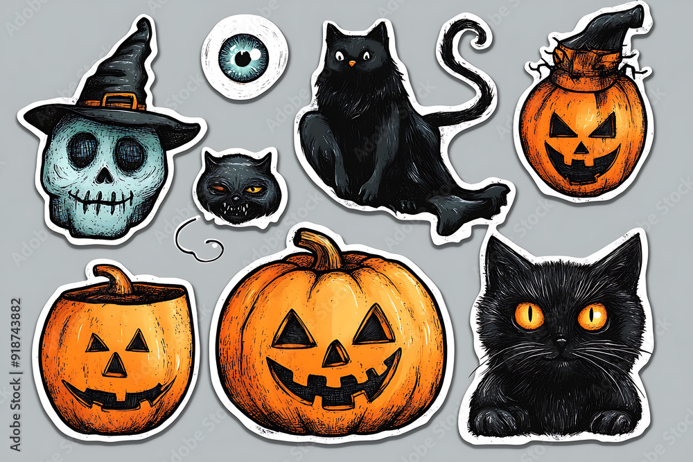 A humorous set of pencil-drawn Halloween stickers featuring .The playful and quirky designs are perfect for Halloween-themed projects A humorous set of pencil-drawn Halloween stickers featuring .The playful and quirky designs are perfect for Halloween-themed projects