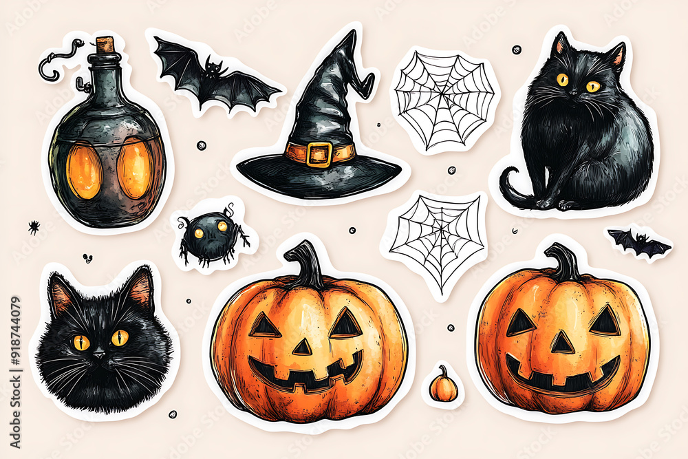 A humorous set of pencil-drawn Halloween stickers featuring .The playful and quirky designs are perfect for Halloween-themed projects A humorous set of pencil-drawn Halloween stickers featuring .The playful and quirky designs are perfect for Halloween-themed projects