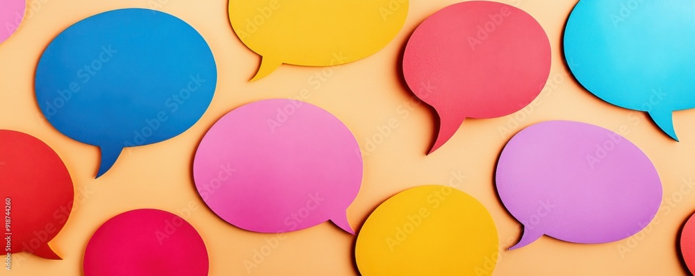 Colorful speech bubbles on a warm background, perfect for communication, dialogue, and social interaction concepts. Colorful speech bubbles on a warm background, perfect for communication, dialogue, and social interaction concepts.