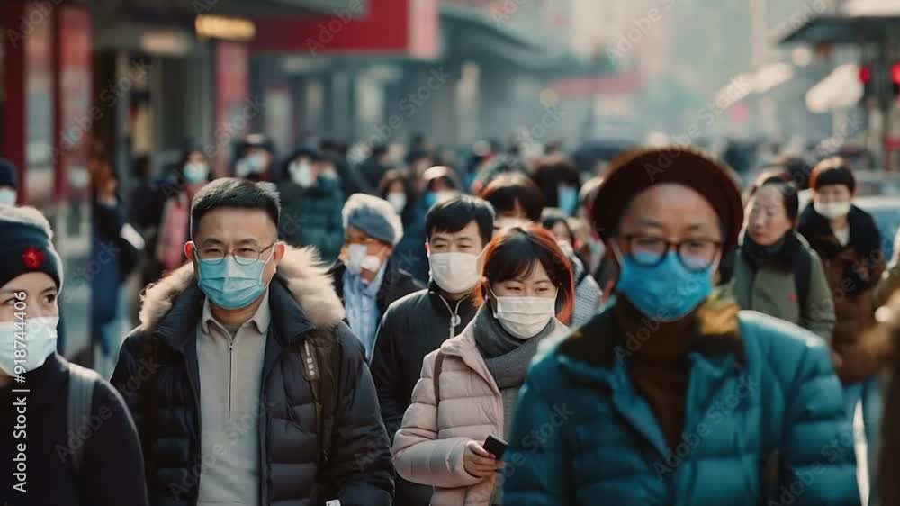 Crowd of people walking street wearing masks Crowd of people walking street wearing masks